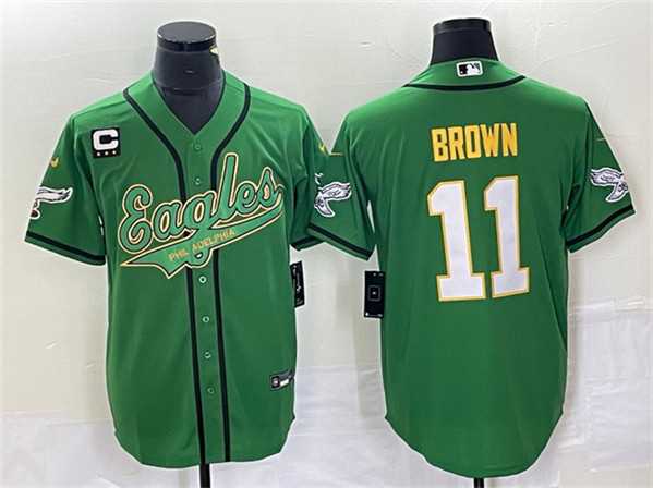 Men%27s Philadelphia Eagles #11 A. J. Brown Green Gold With C Patch Cool Base Baseball Stitched Jersey->philadelphia eagles->NFL Jersey